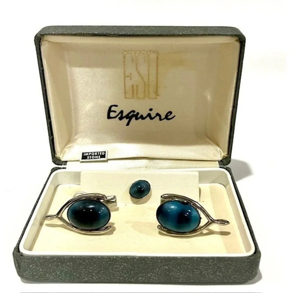 Vintage Esquire Men's Cufflinks & Tie Tack with Blue Cabochon Stone